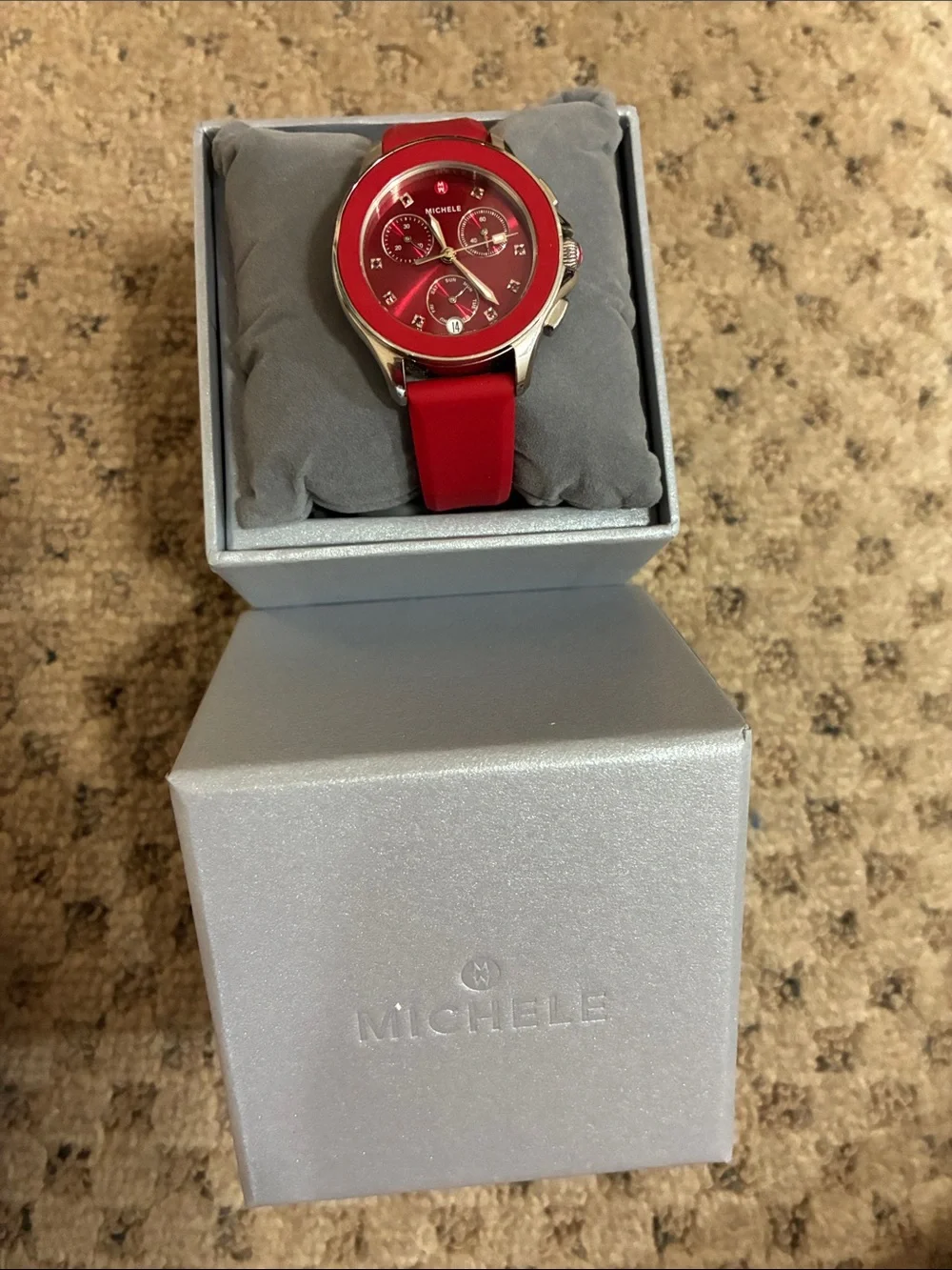 Michele Red Dial Chronograph Watch with Red Silicone Strap